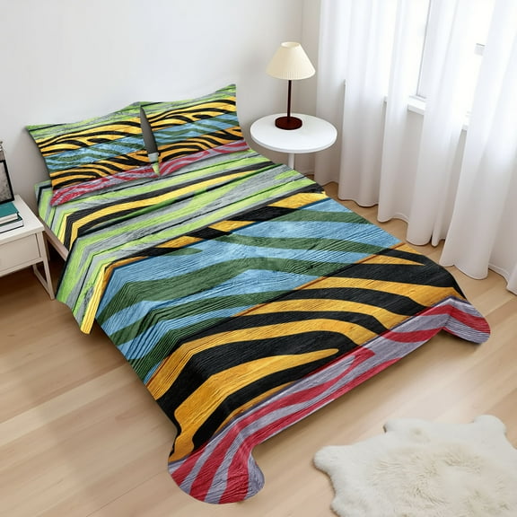 Ambesonne Zebra Print Fitted & Top Sheet Set with Shams, Savannah Animal Stripes, Green Yellow Black