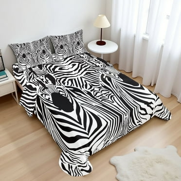 Zebra Print Sheet Set, Illustration Pattern Zebras Skins Background Blended over Zebra Body Heads, Fitted and Flat Sheet with Pillowcases Bedding Accent 4 Piece Set, Queen, Black White, by Ambesonne