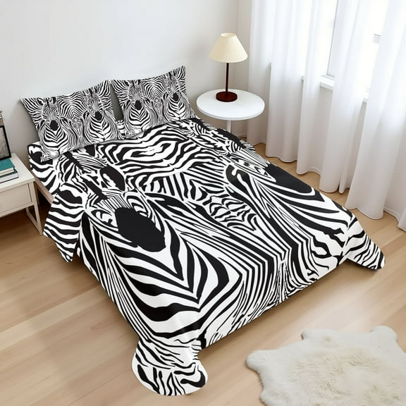Ambesonne Black White Fitted & Top Sheet Set with Shams, Savannah Zebra Stripe, Black White