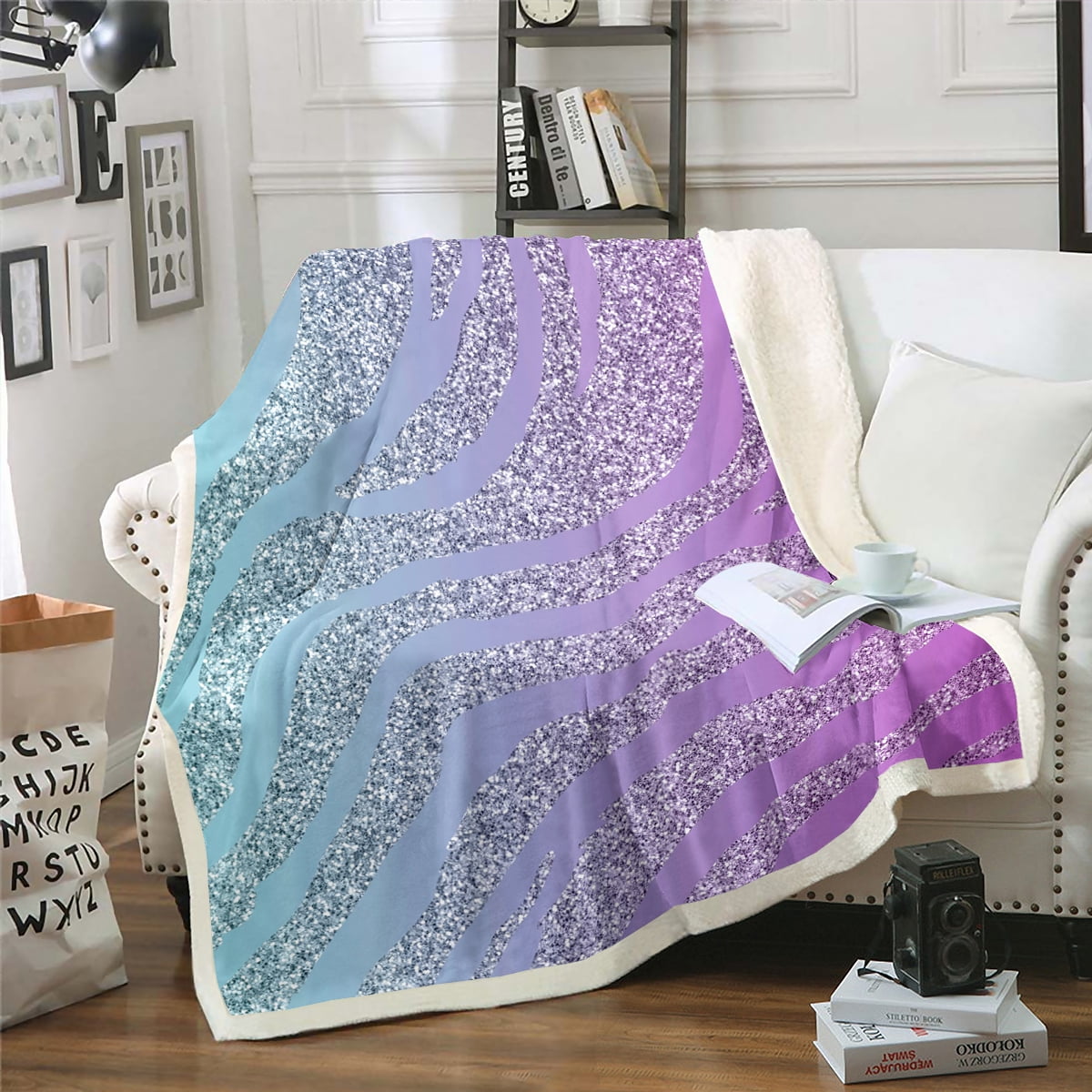 Zebra Print Sherpa Blanket Blue Purple Gradient Blanket, Animal Print