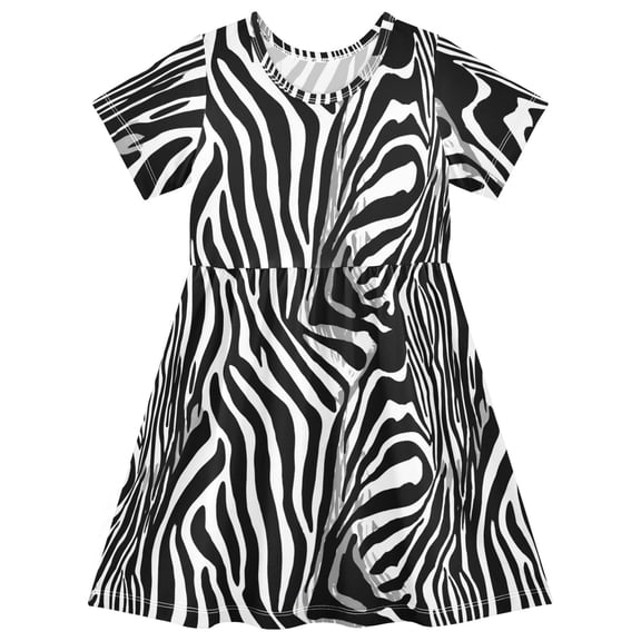 Zebra Print Short Sleeve Dress A-Line Cute Midi Casual Sundress 2-8 Years