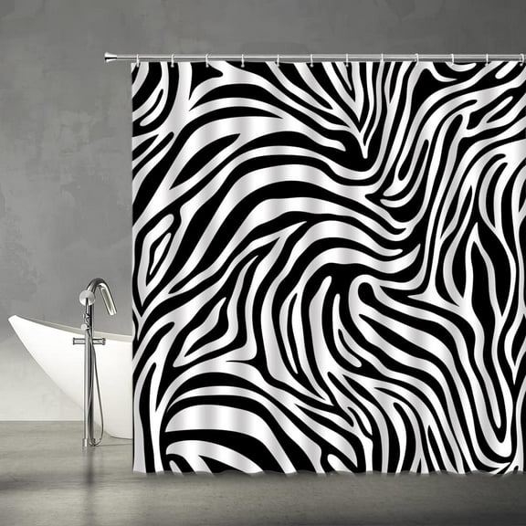 Zebra Print Shower Curtain Black and White Zebra Skin Print Abstract Striped Safari Animal Wildlife Fabric Bathroom Decor Set with Hooks, Black White 72"W x 72"L (Pack of 1)