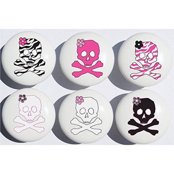 Zebra Print Skull Drawer Pulls / Ceramic Skulls Drawer Knobs, Set of 6