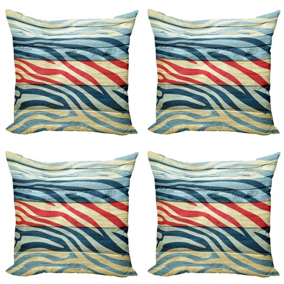 Ambesonne Rustic Throw Pillow Cover 4 Pack, Country Zebra on Wood, 20", Navy Red Yellow