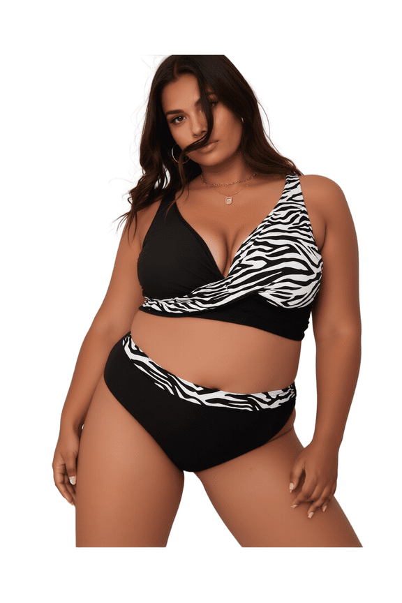 Zebra Print Two Piece Swimsuit High Waisted Bikini Set with Adjustable Halter Top, Women's Black Swimsuit