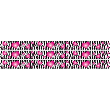 Zebra Print and Hot Pink 3d Hearts Wall Border Decals