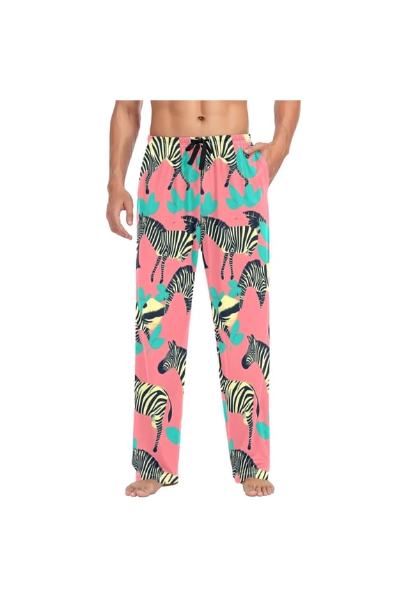 Zebra Print on Pink Background Mens Cotton Pajama Pant Sleep and Lounge Bottons with Pockets