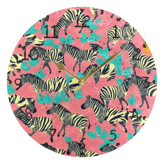 Zebra Print on Pink Background Round Wall Clock Silent Battery Operated Home Decor for Living Room Bedroom