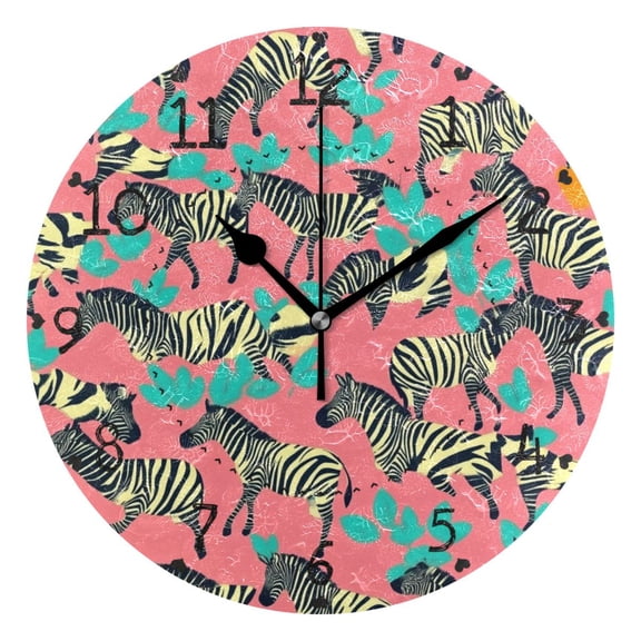 Zebra Print on Pink Background Round Wall Clock Silent Battery Operated Home Decor for Living Room Bedroom