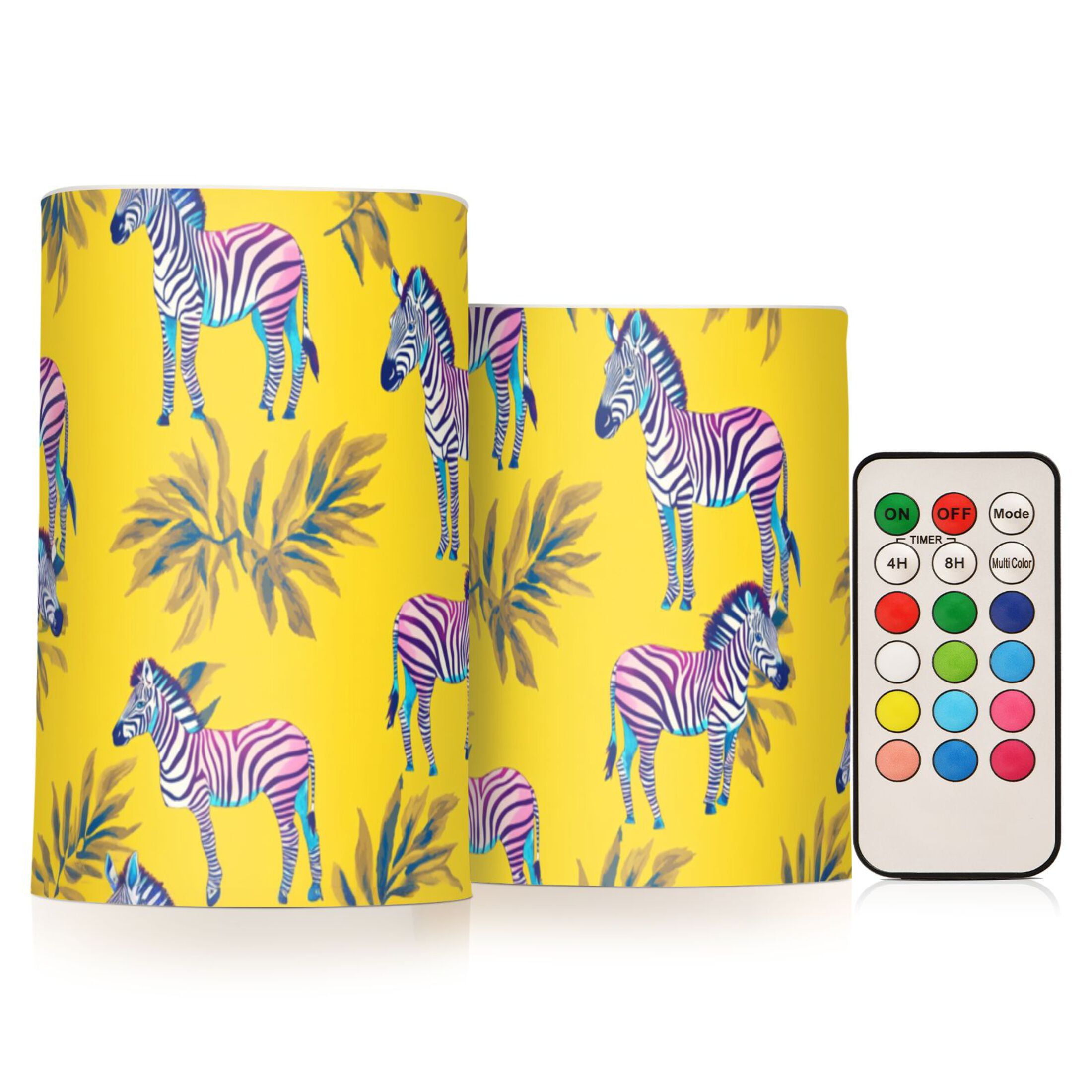 Zebra Print on Yellow Flickering Flameless Candles Battery Operated with Remote Timer LED Pillar Candles Set of 2