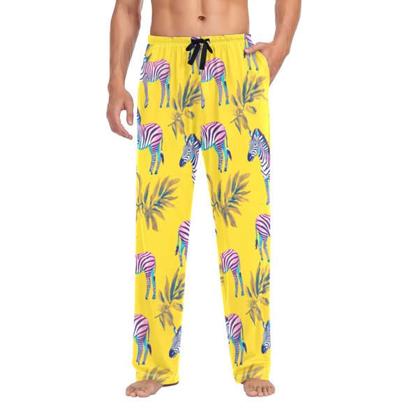 Zebra Print on Yellow Mens Cotton Pajama Pant Sleep and Lounge Bottons with Pockets