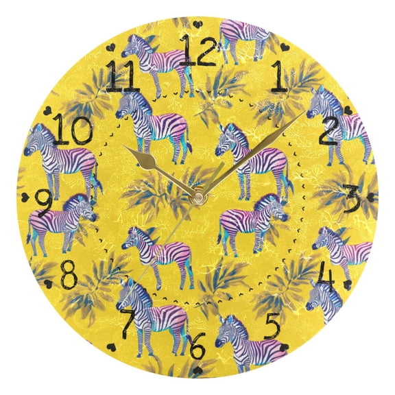 Zebra Print on Yellow Round Wall Clock Silent Battery Operated Home Decor for Living Room Bedroom