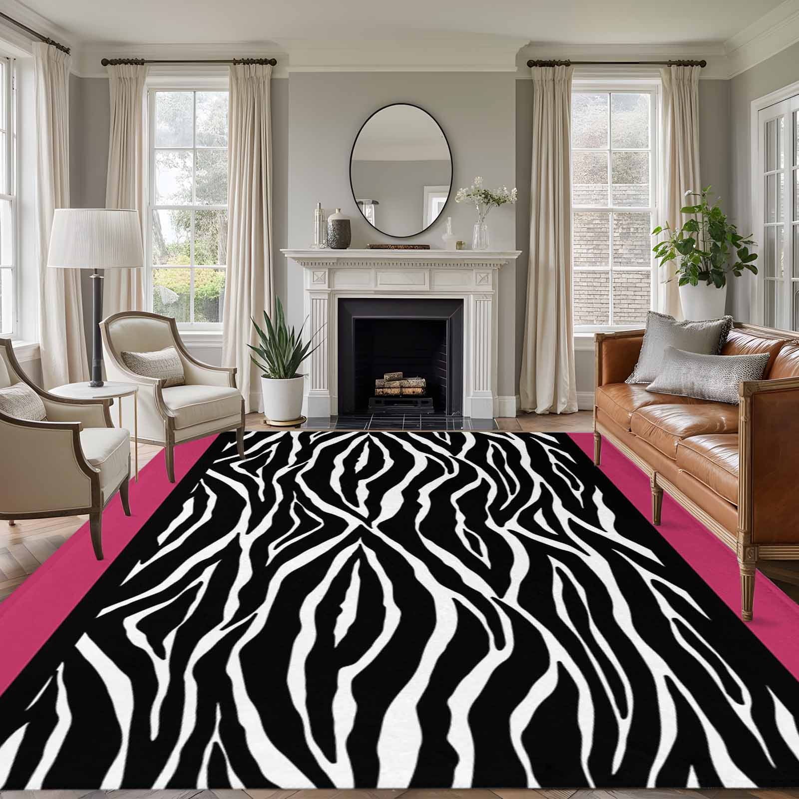 Zebra Printed Area Rugs 5'x7', Washable Small Throw Rugs for Laundry Room Playroom, Modern Geometric Balck White Stripes Indoor Outdoor Rug Non-Slip Low Pile Carpet Runner Reversible Floor Mats
