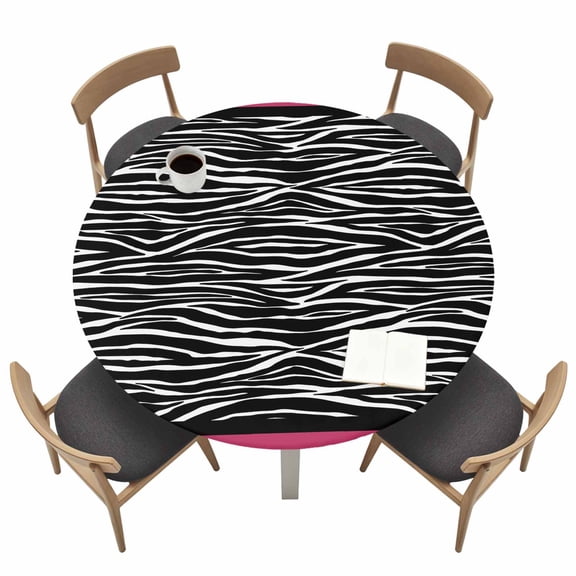 Zebra Printed Fitted Tablecloth with Elastic Edged, Round Table Cloth for Dining Table, Modern Geometric Balck White Stripes Waterproof Oil Proof Table Cover for Indoor Outdoor 55"-60"