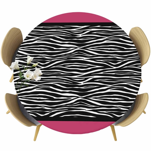 Zebra Printed Round Tablecloth, Fitted Table Cover with Elastic for 36"-44" Round Tables, Modern Geometric Balck White Stripes Table Cloth Outdoor Indoor Dinning Party Waterproof Tablecloths