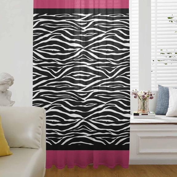 Zebra Printed Semi Sheer Curtains Drapes for Living Room, Bedroom, French Doors Window 45 Inches Long, Modern Geometric Balck White Stripes Rod Pocket Chiffon Curtain Drapery Voile Draperies Panel