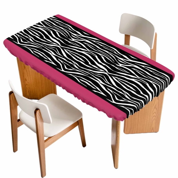 Zebra Printed Table Cloths for 3 Foot Rectangle Tables, Modern Geometric Balck White Stripes Patio Waterproof Elastic Fitted Tablecloths, Washable Rectangular Table Cover for Camping