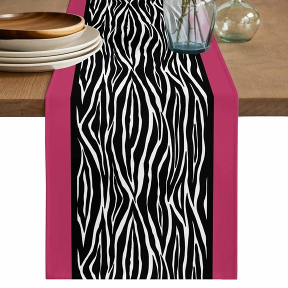 Zebra Printed Table Runner, Modern Geometric Balck White Stripes Washable Cotton Linen Table Runners 60 Inches Long, Dresser Scarf Runner for Coffee/TV Stands/Kitchen/Cabinets 13''x60''