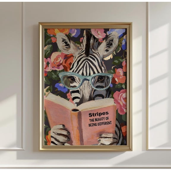 Zebra Reading Book Wall Art Print, Unframed Paper Poster 8x10in