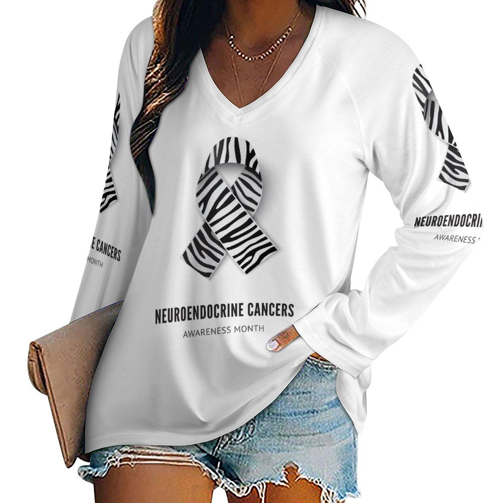 Zebra Ribbon Neuroendocrine Cancer Awareness Month Women's Long Sleeve ...