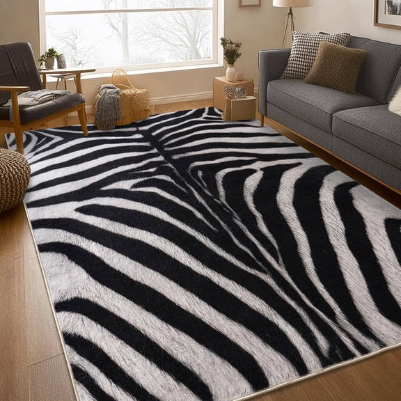 Zebra Rug Area Rugs for Living Room, 5x7 Animal Print Rug Machine Washable for Bedroom Dining Room Western Home Decor Non-Slip Low Pile Indoor Floor Carpet