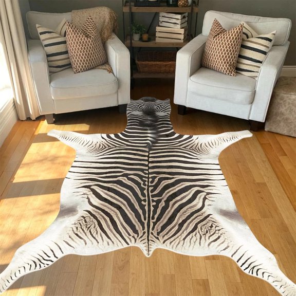 Zebra Rug Faux Cow Hide Rug Zebra Print Rugs Animal Print 4.6x5.2 FT Cowhide Rug Small Leopard Print Area for Living Room Bedroom Dining Room