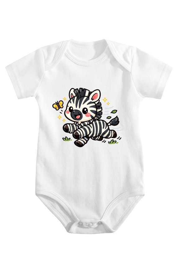 Zebra Running In Striped Baby Bodysuit, 100% Cotton Short Sleeve Snap Romper, 0-12 Months