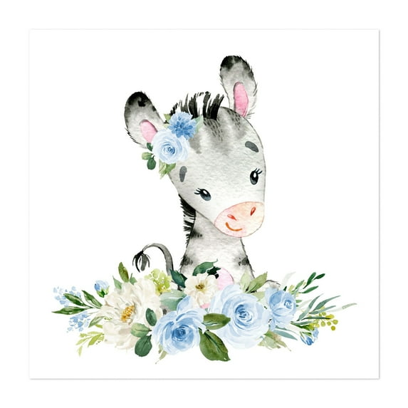 Zebra, Safari Animals, Jungle Animals, Blue Flowers, Boy Nursery - Illustration Watercolor Animal Floral Flowers Whimsical Unframed Wall Art Print 36 x 36 inches