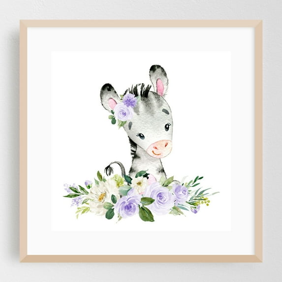 Zebra, Safari Animals, Jungle Animals, Purple Flowers, Gender Neutral Nursery - Illustration Watercolor Animal Floral Whimsical Flowers Oak Framed Wall Art Print 8 x 8 inches