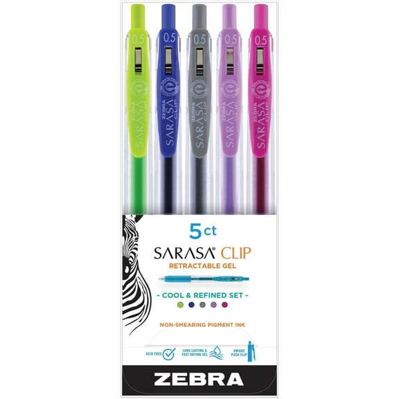 Zebra Pen Sarasa Clip Gel Retractable 0.5mm Cool & Refined Asst 5Pk