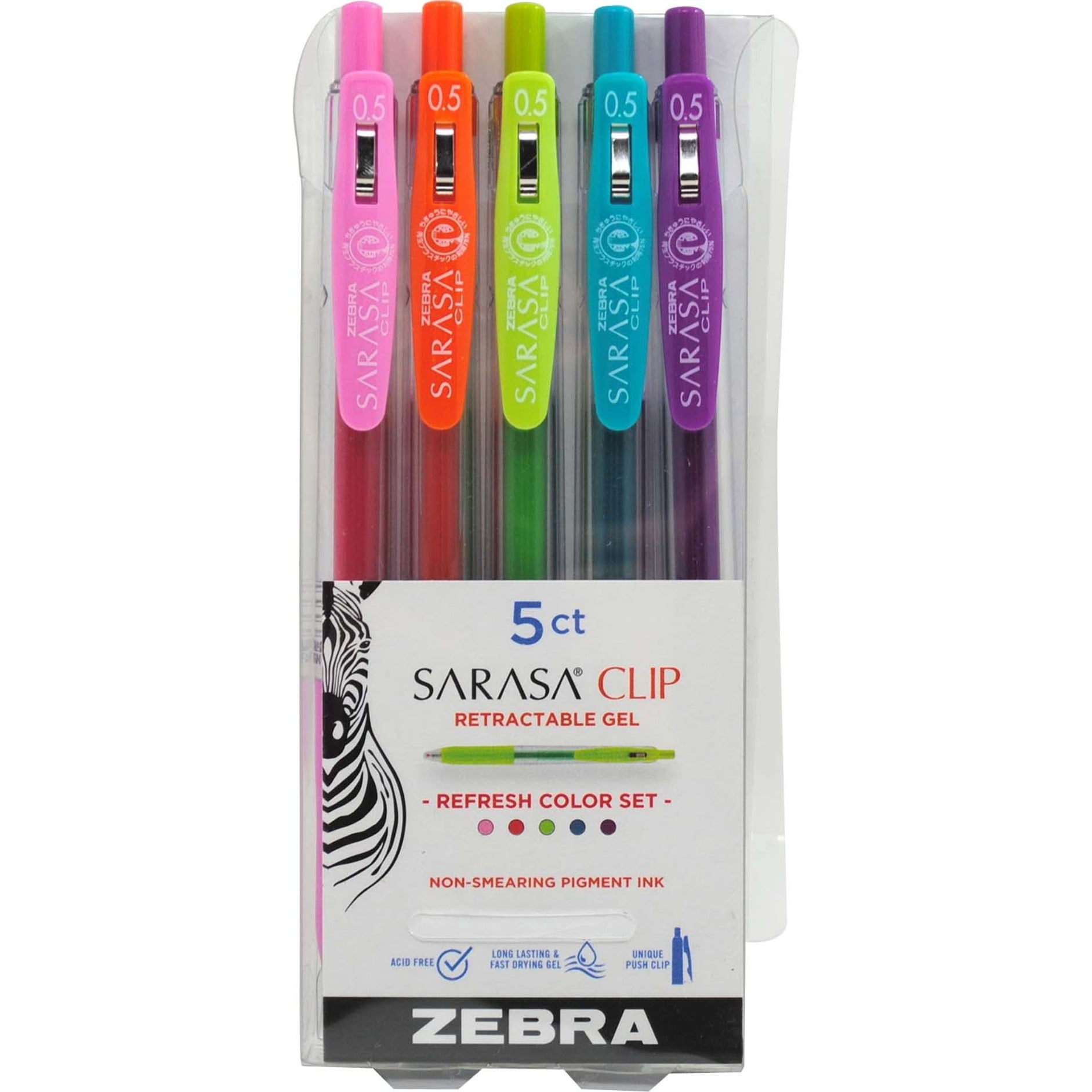 Zebra Pen Sarasa Clip Gel Retractable 0.5mm Refresh Assorted 5Pk
