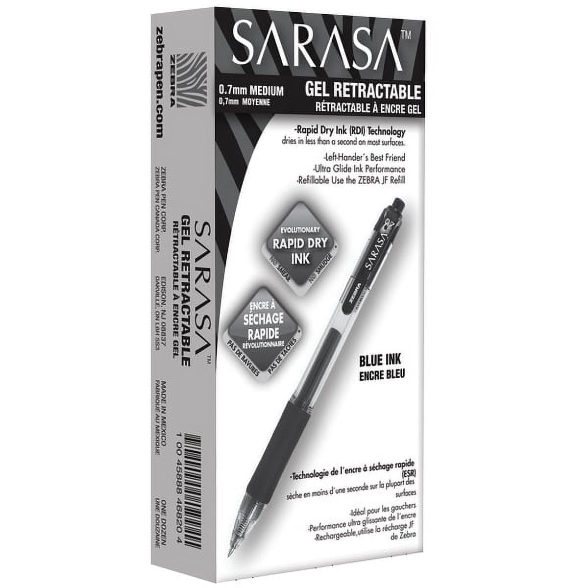 Zebra® Sarasa® Gel Ink Retractable Pens, Medium Point, 0.7 mm, Clear Barrel, Blue Ink, Pack Of 12