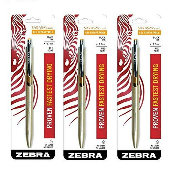 Zebra Sarasa Grand, Retractable Gel Ink Pen, Gold Barrel, Medium Point, 0.7mm, Black Ink, Sold as 3 Pack