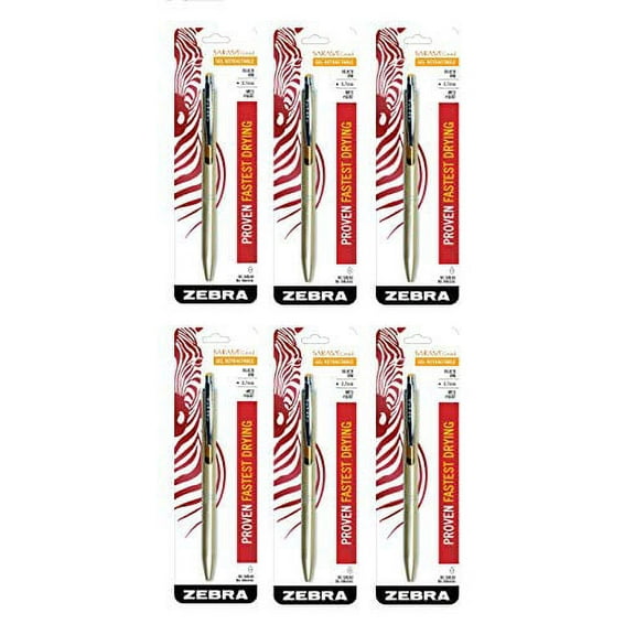Zebra Sarasa Grand, Retractable Gel Ink Pen, Gold Barrel, Medium Point, 0.7mm, Black Ink, Sold as 6 Pack