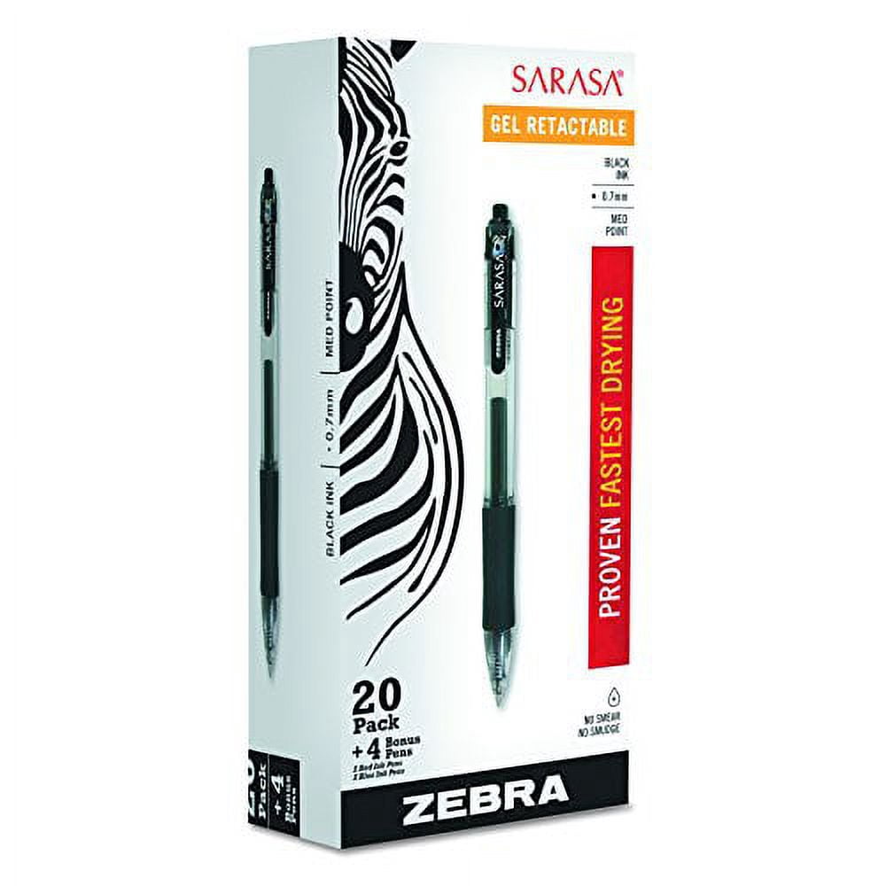 Zebra Sarasa Retractable Gel Ink Pens, Medium Point 0.7mm, 20 Black, 2 Blue, 2 Red Pens, Rapid Dry Ink, 24-Count