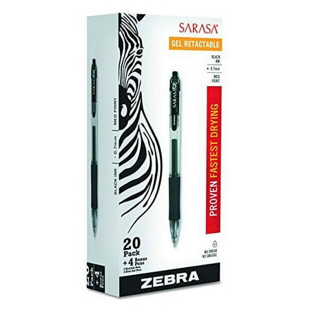 Zebra Sarasa Retractable Gel Ink Pens, Medium Point 0.7mm, 20 Black, 2 Blue, 2 Red Pens, Rapid Dry Ink, 24-Count