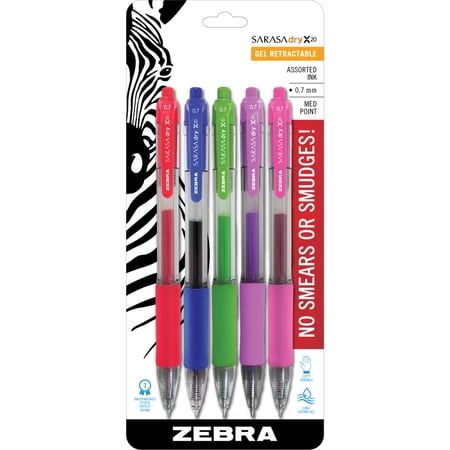 Zebra Sarasa Retractable Gel Ink Pens, Medium Point 0.7mm, Black Rapid Dry Ink, 5-Count