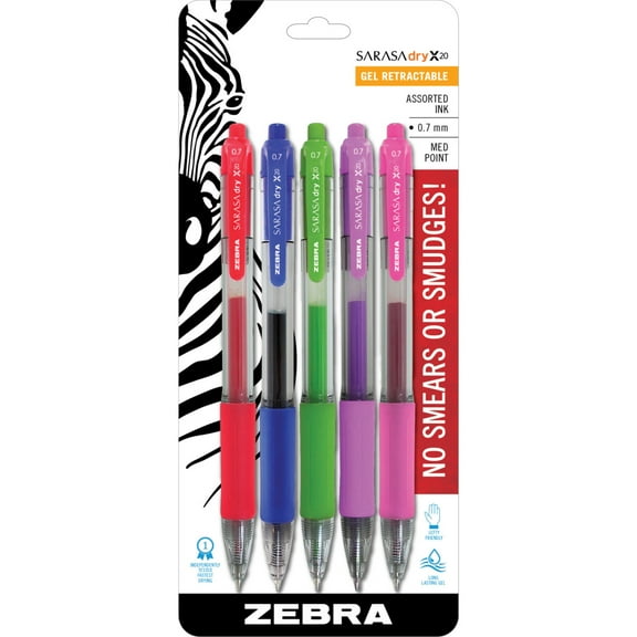 Zebra Sarasa Retractable Gel Ink Pens, Medium Point 0.7mm, Black Rapid Dry Ink, 5-Count