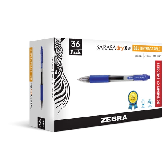Zebra Sarasa Retractable Gel Ink Pens, Medium Point 0.7mm, Blue Rapid Dry Ink, 36-Count