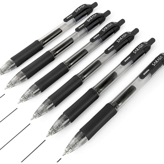 Zebra - Sarasa Retractable Gel Ink Rollerball - Fast Drying - 0.7mm - Black Ink - Pack of 6