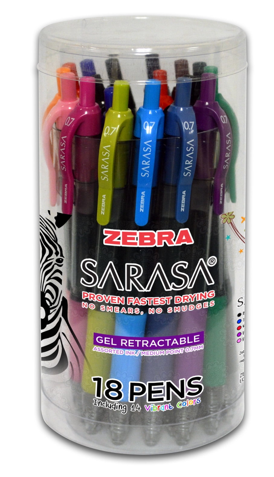 Zebra Sarasa retractable gel ink pens, 0.7mm, assorted ink colors, 18 ...