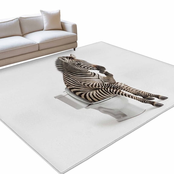 Zebra Sitting on The Toilet Thinking 6x9ft Non Slip Area Rug Abstract Funny Animal Washable&nbsp;Soft Area Rugs for Living Room, Indoor&nbsp;Circle Carpet for Bedroom Dining Room Kitchen
