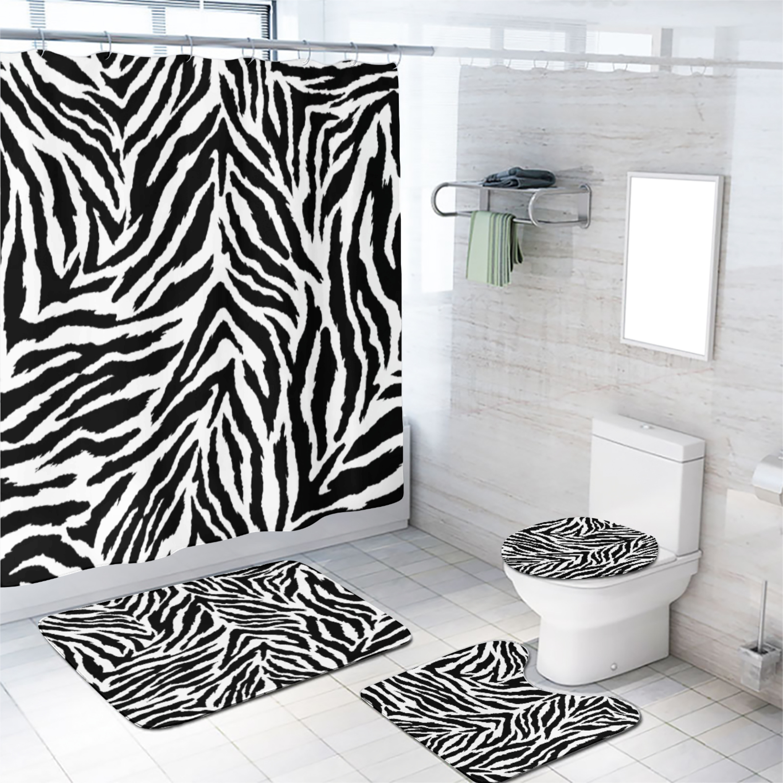 Zebra Skin Texture Shower Curtain Sets with Rugs 4 Piece Black and White Striped Safari Animal with Toilet Lid Cover and Bath Mat, Waterproof Shower Curtain with 12 Hooks, 72x72 Inch