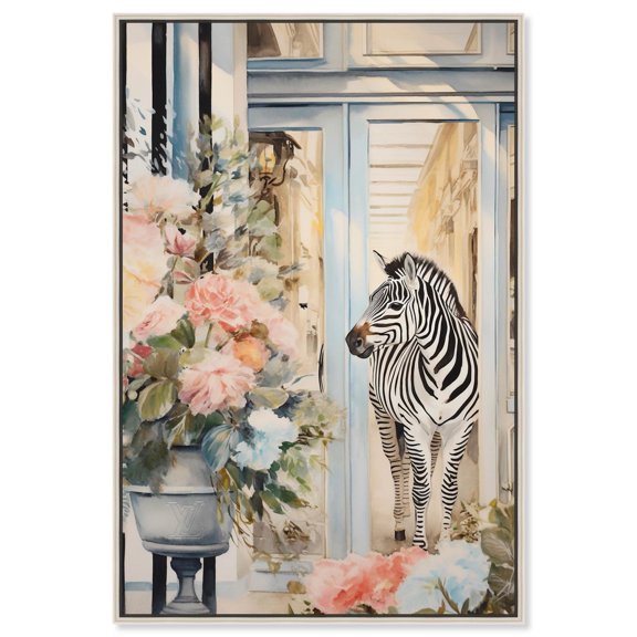 Zebra Storefront Canvas Fashion Designer Wall Art by Art Remedy, Silver Frame, 36" x 54"