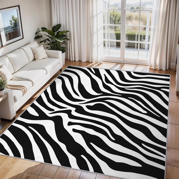 Zebra Stripe Area Rug, Animal Print Design Carpet, Washable Non Slip Soft Low Pile, Living Room Bedroom Office Mat 5x8ft