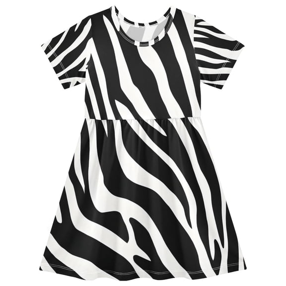 Zebra Stripe Design Girls Short Sleeve Dress A Line Sun Protection Breathable Comfort Sundress 2T