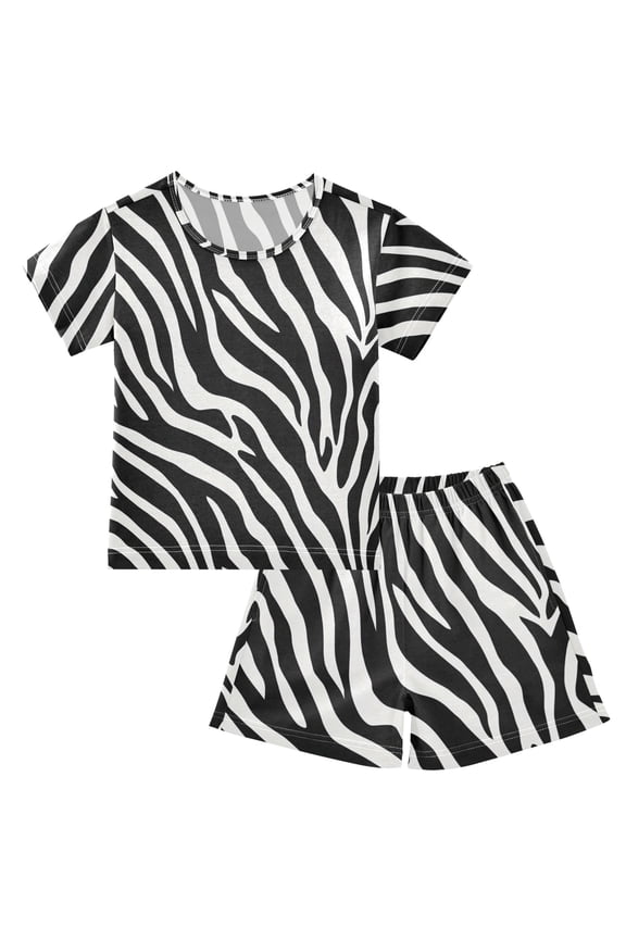 Zebra Stripe Design Summer Pajama Set Soft Cotton Short Sleeve Sleepwear 2PCS Pajama Sets Breathable Lounge Set Size 5Y