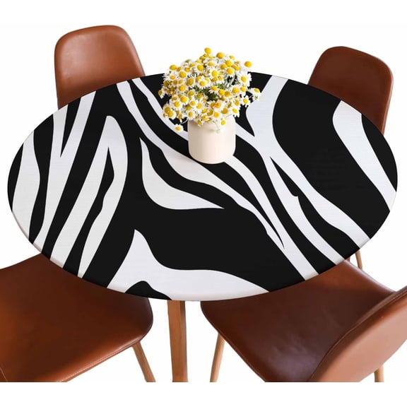 Zebra Stripe Round Tablecloth Black and White Stripes Animal Skin Abstract Pattern Fitted Table Cover Washable Tablecloths for Kitchen Dining Party 44 inch