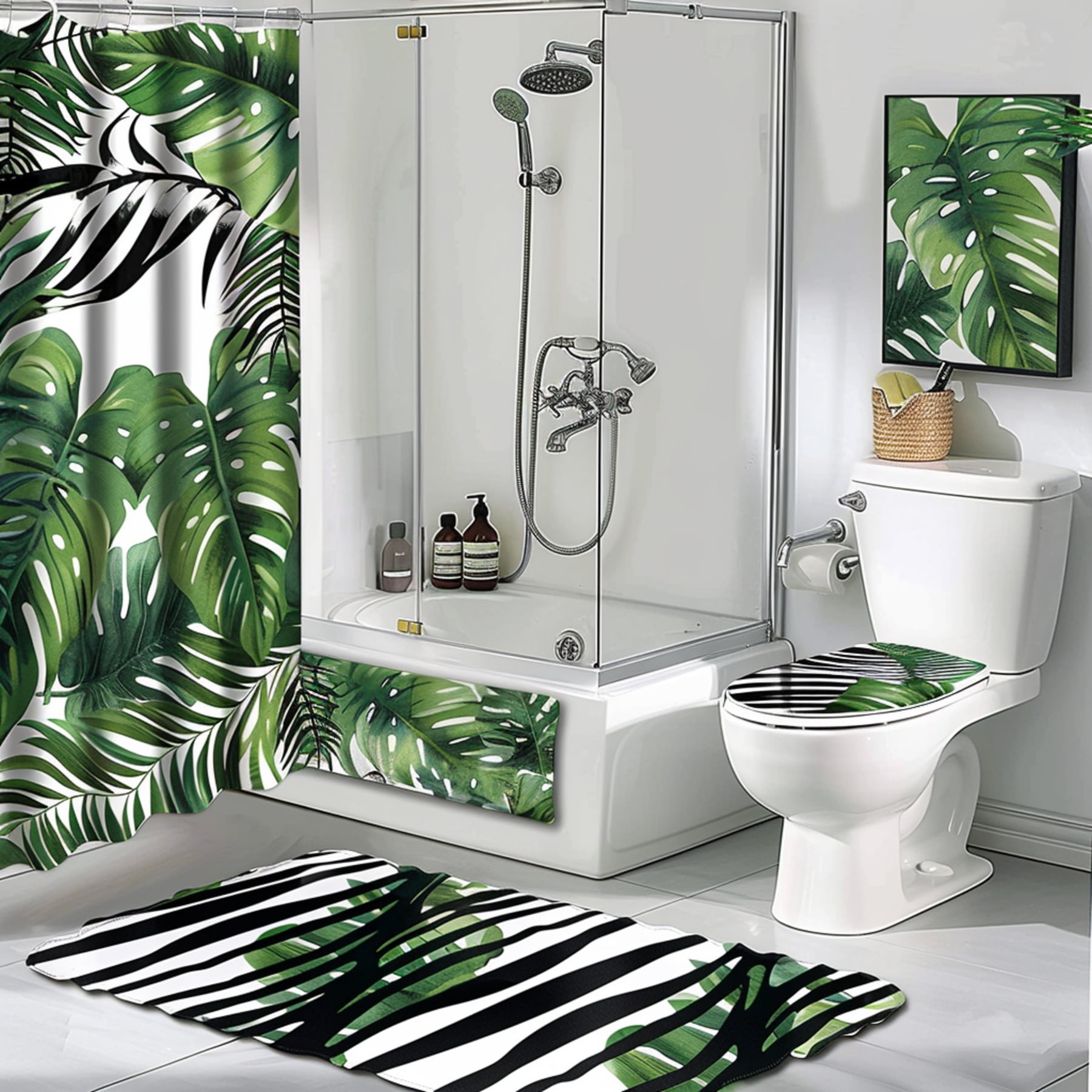 Zebra Stripe Tropical Rainforest Shower Curtain Set Green Leaves