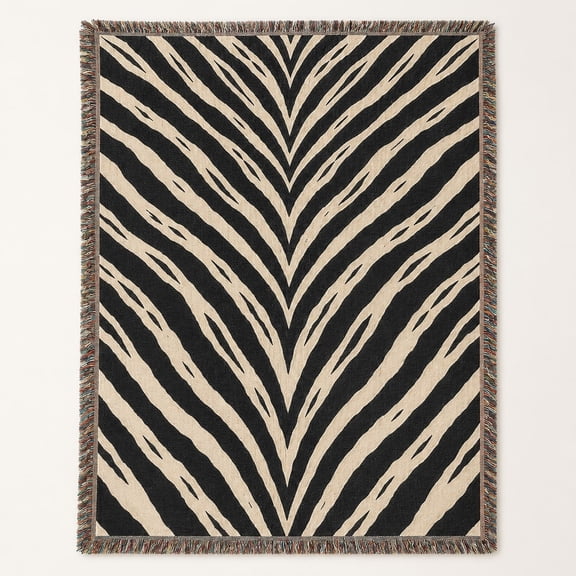 Zebra Stripe Woven Cotton Throw Blanket with Fringe, Black Cream Decor